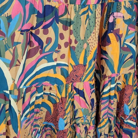 Farm Rio Anthropologie Dress Crochet Tiered Ruffle Midi Colorful Tiger Tropic L - Picture 6 of 16